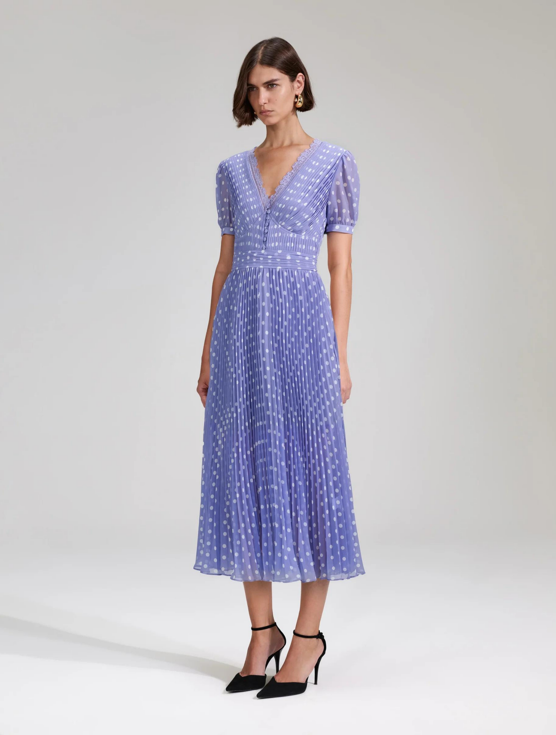 Lilac and white polka-dot V neck midi dress with pleated details throughout and short sleeves