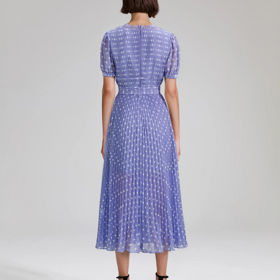 Lilac and white polka-dot V neck midi dress with pleated details throughout and short sleeves