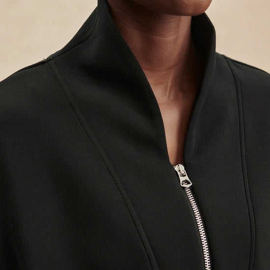 Quarter zip and slightly cropped black sweat top with shawl collar and V neckline from varley close up