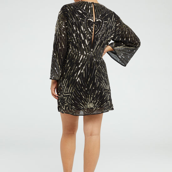 Black mini dress with long wide sleeves and gold sequin details throughout