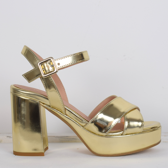 Gold patent platform sandal