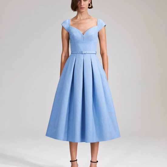 Pale blue A line dress with sweetheart neckline small sleeves and fitted bodice