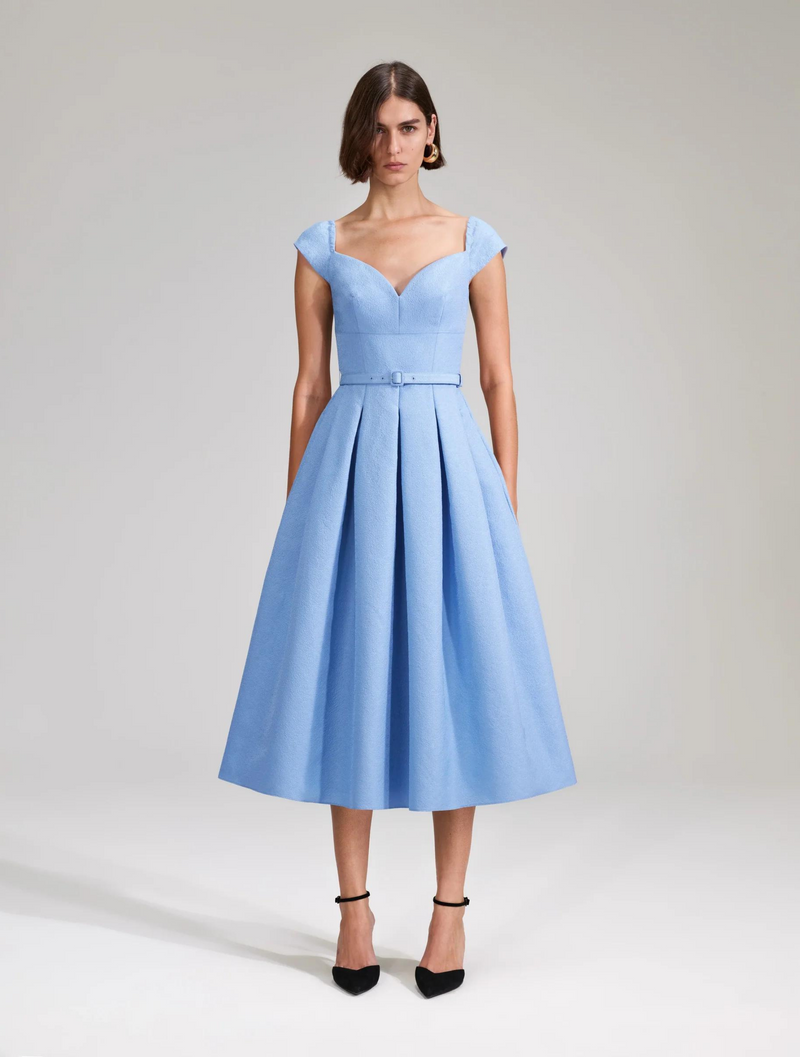 Pale blue A line dress with sweetheart neckline small sleeves and fitted bodice