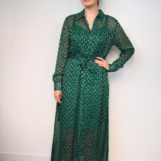 Green and gold thread maxi shirt dress