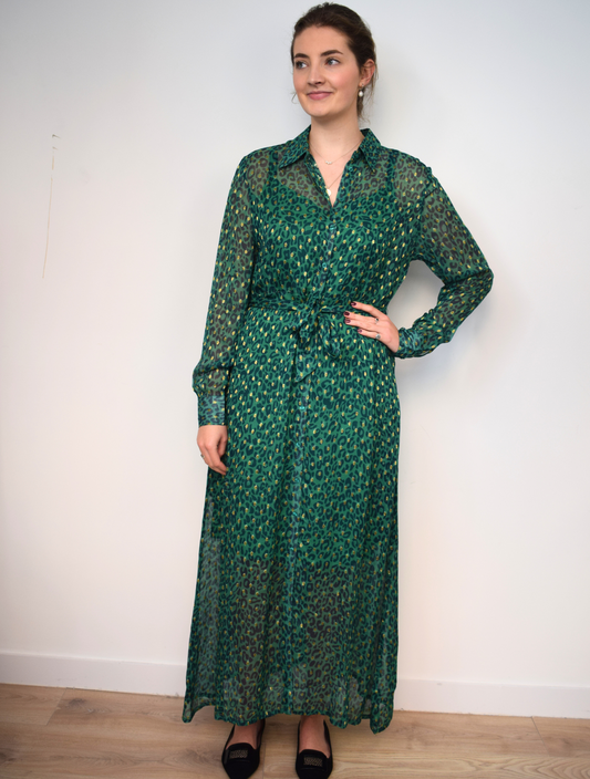 Green and gold thread maxi shirt dress