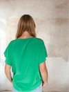 Rear view of green flutter sleeve top from Sirens