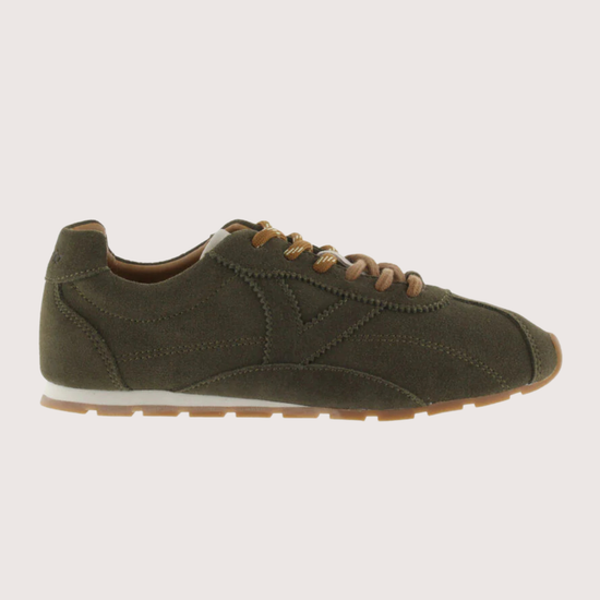 Khaki suede sneaker with beige sole on a plain background