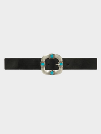Black leather belt with square matt silver buckle with turquoise oval inserts