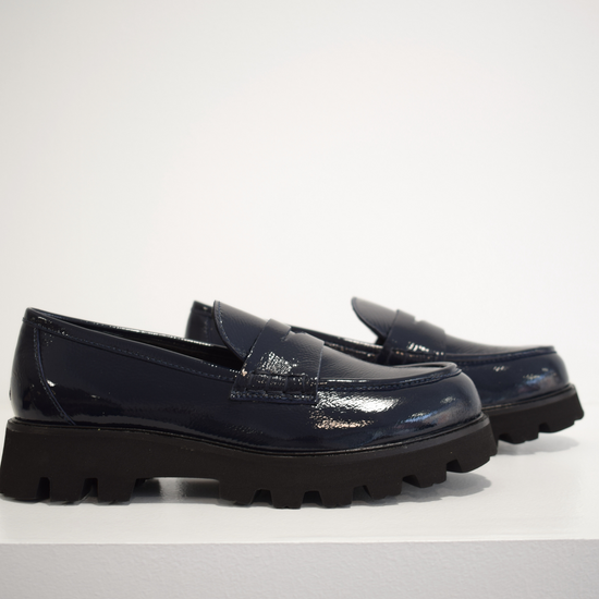 Navy patent leather loafer