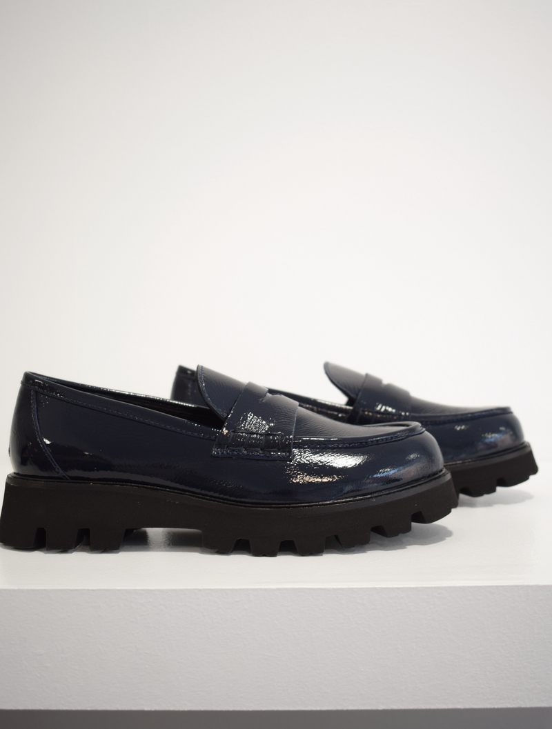 Navy patent leather loafer