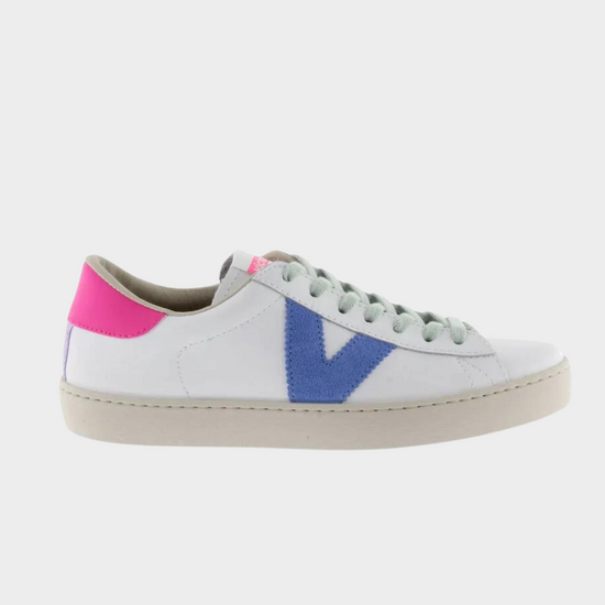  White faux leather trainer with green laces and contrast pink heel tab and suede blue V on outer side