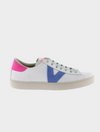  White faux leather trainer with green laces and contrast pink heel tab and suede blue V on outer side