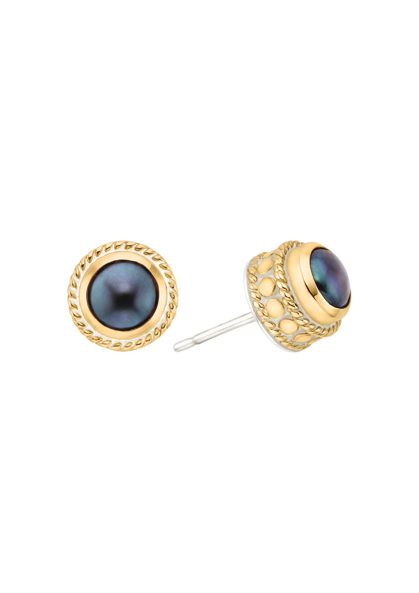 blue pearl studs encased within 18k gold plating on sterling silver