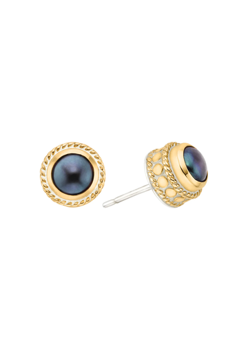 blue pearl studs encased within 18k gold plating on sterling silver