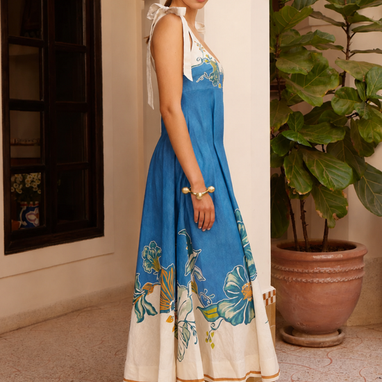 tie strap midi dress with blue and cream flora print model shot