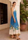 tie strap midi dress with blue and cream flora print model shot