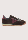 A dark brown suede and mesh sneaker with burgundy accents, featuring a cream midsole and a gum outsole, shown from a side profile on a light gray background.