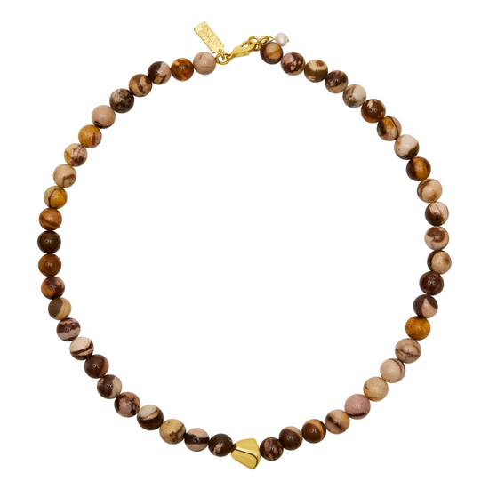 light brown multi beaded choker with lobster clasp and central gold nugget