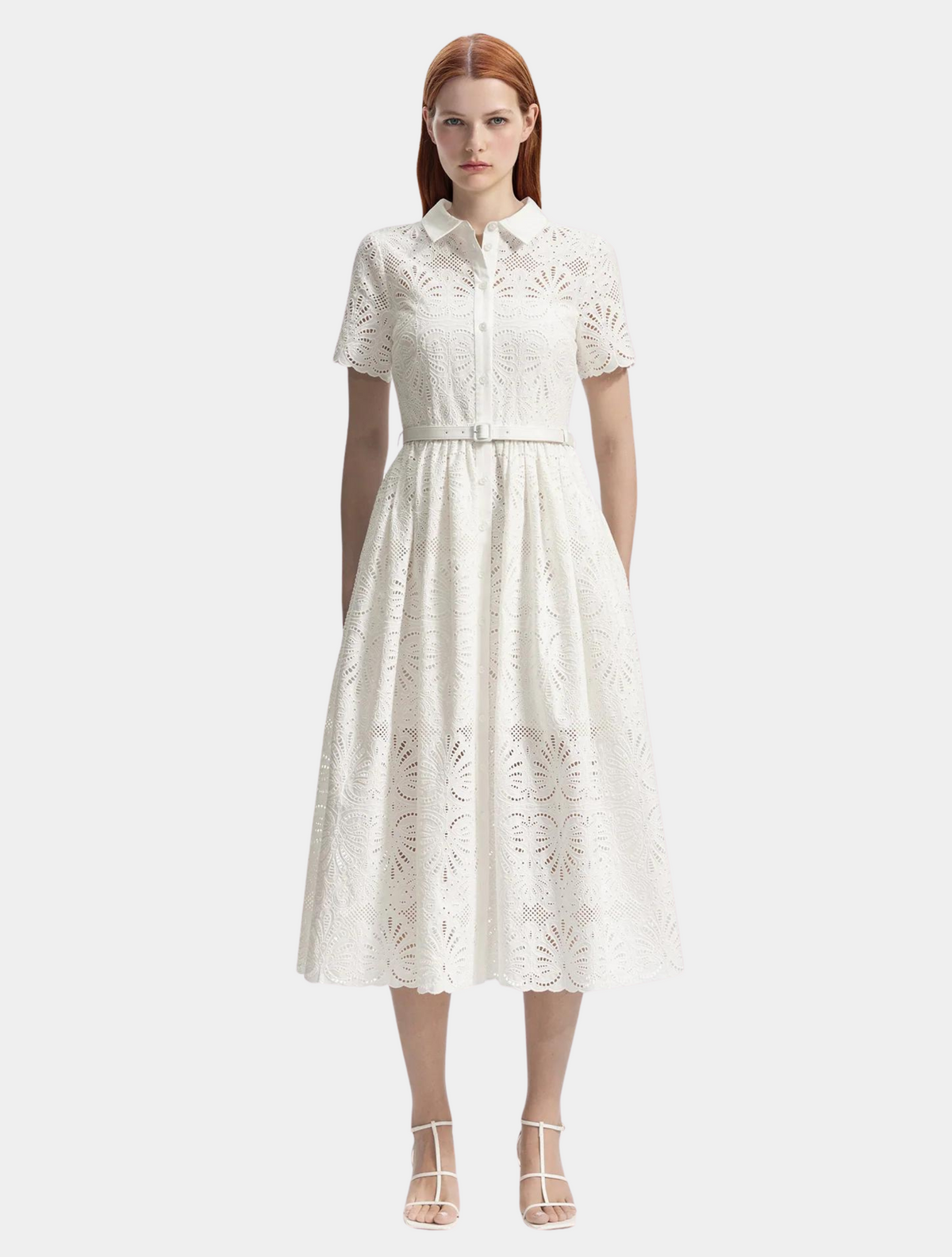 White brodie anglais midi shirt dress with collar short sleeves and fabric belt