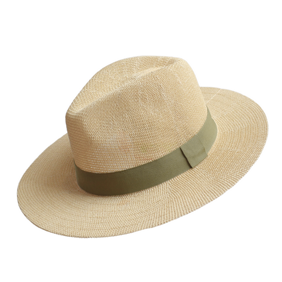 Adjustable paper panama hat with a dove coloured green trim