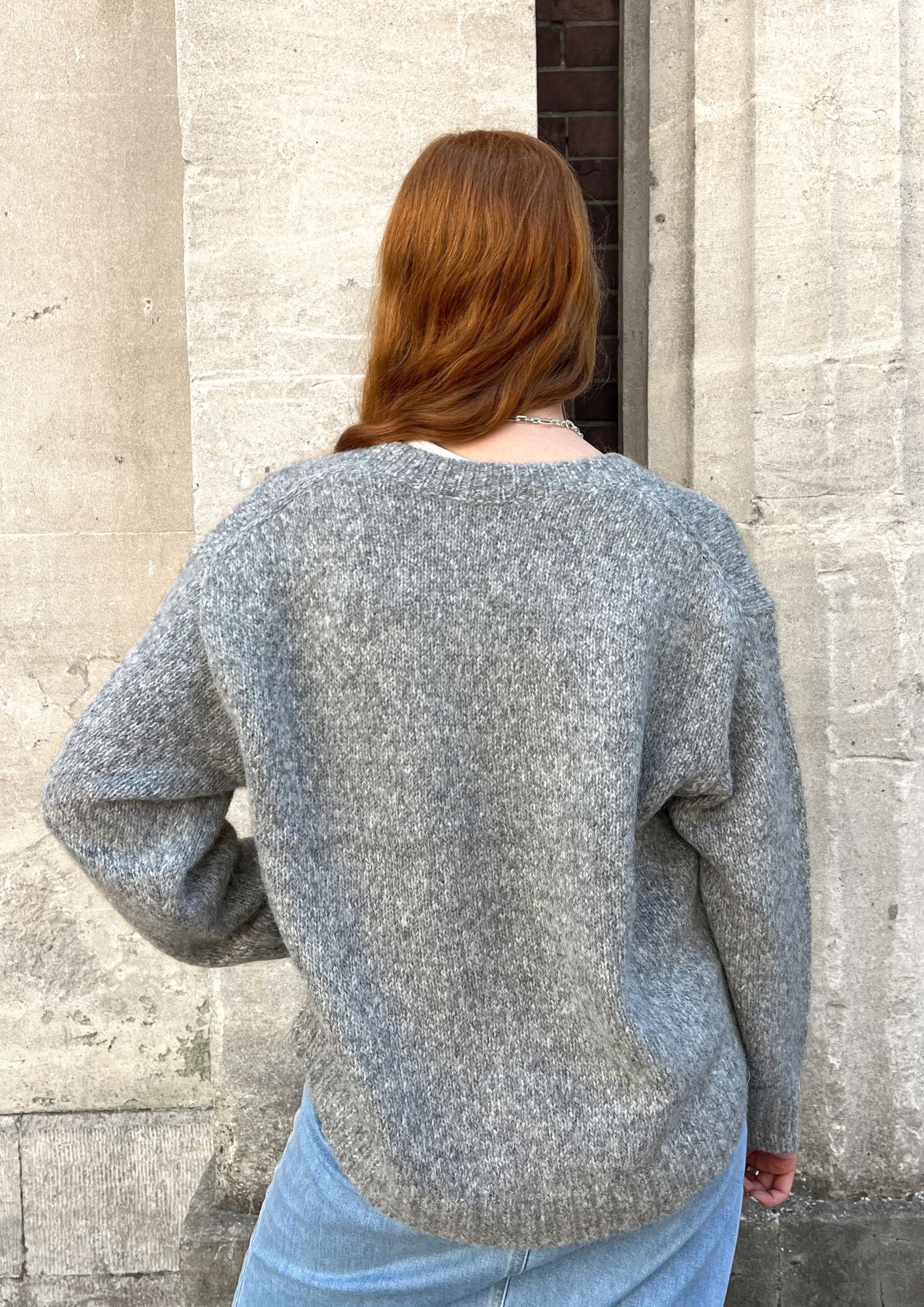 grey loose V neck knit jumper 