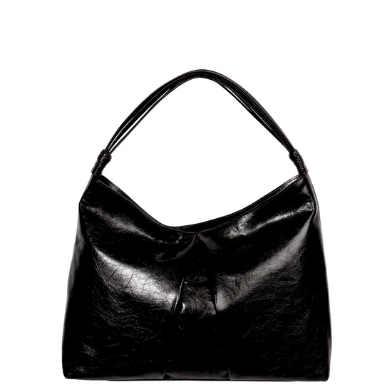 Black leather handbag with sleek knotted top handle.