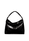 Black leather handbag with sleek knotted top handle.