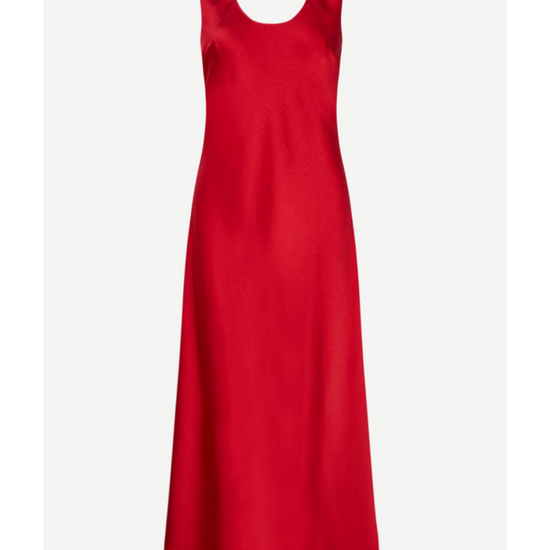 red sleeveless satin dress with round neck and back