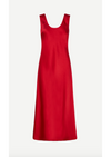 red sleeveless satin dress with round neck and back