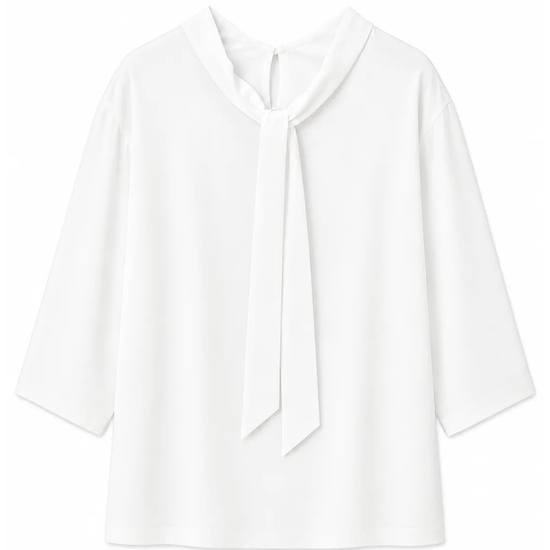 A white long-sleeve blouse with a wide collar and a front tie detail, shown against a plain white background.