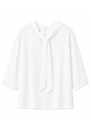 A white long-sleeve blouse with a wide collar and a front tie detail, shown against a plain white background.