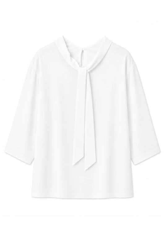 A white long-sleeve blouse with a wide collar and a front tie detail, shown against a plain white background.
