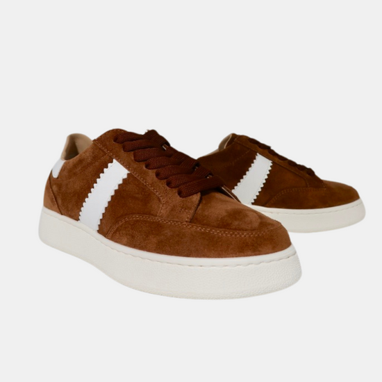 coffee suede trainers with white stripe on side front view