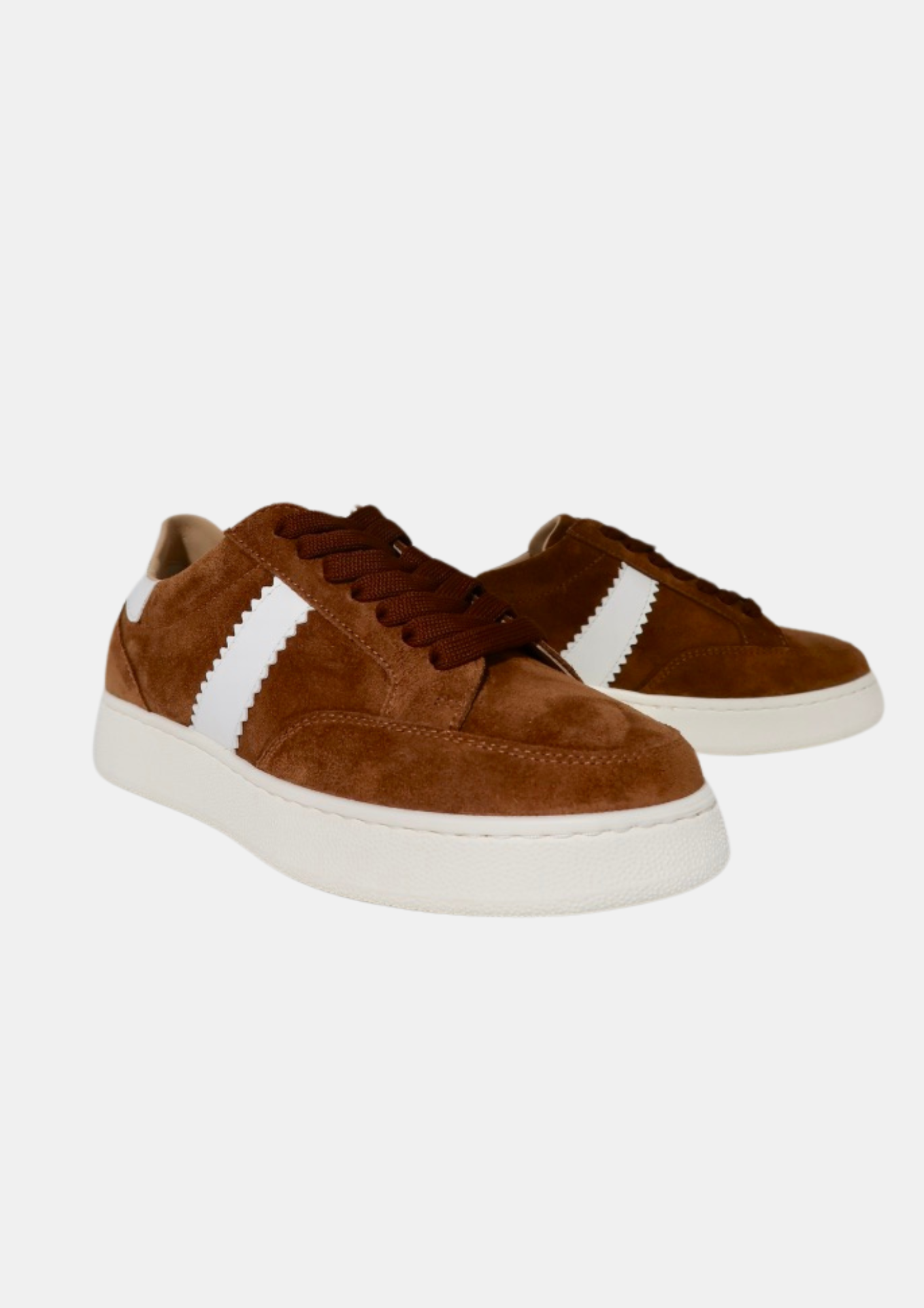 coffee suede trainers with white stripe on side front view