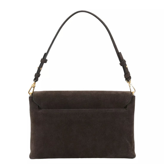 A dark brown suede shoulder bag with a single adjustable strap and gold-tone hardware, shown against a plain white background.