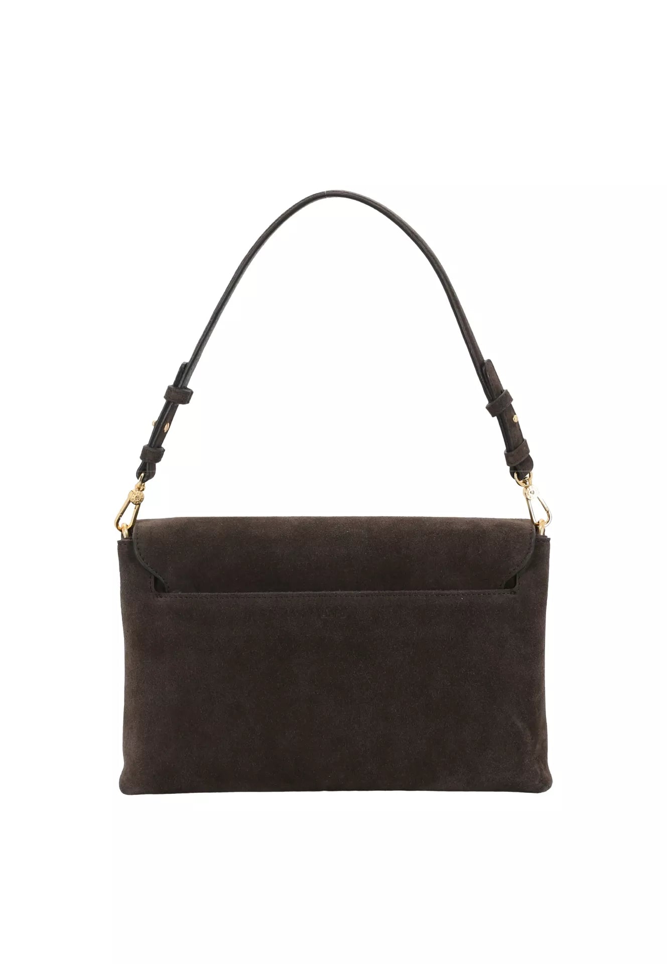 A dark brown suede shoulder bag with a single adjustable strap and gold-tone hardware, shown against a plain white background.