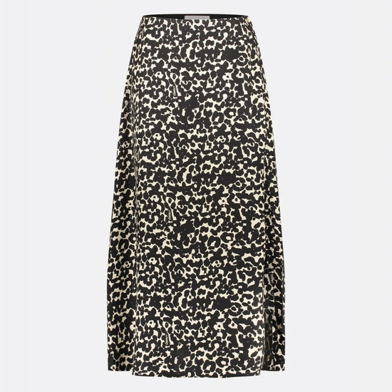 Black and ecru cat print A line maxi skirt with side full length button fastening