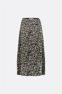 Black and ecru cat print A line maxi skirt with side full length button fastening