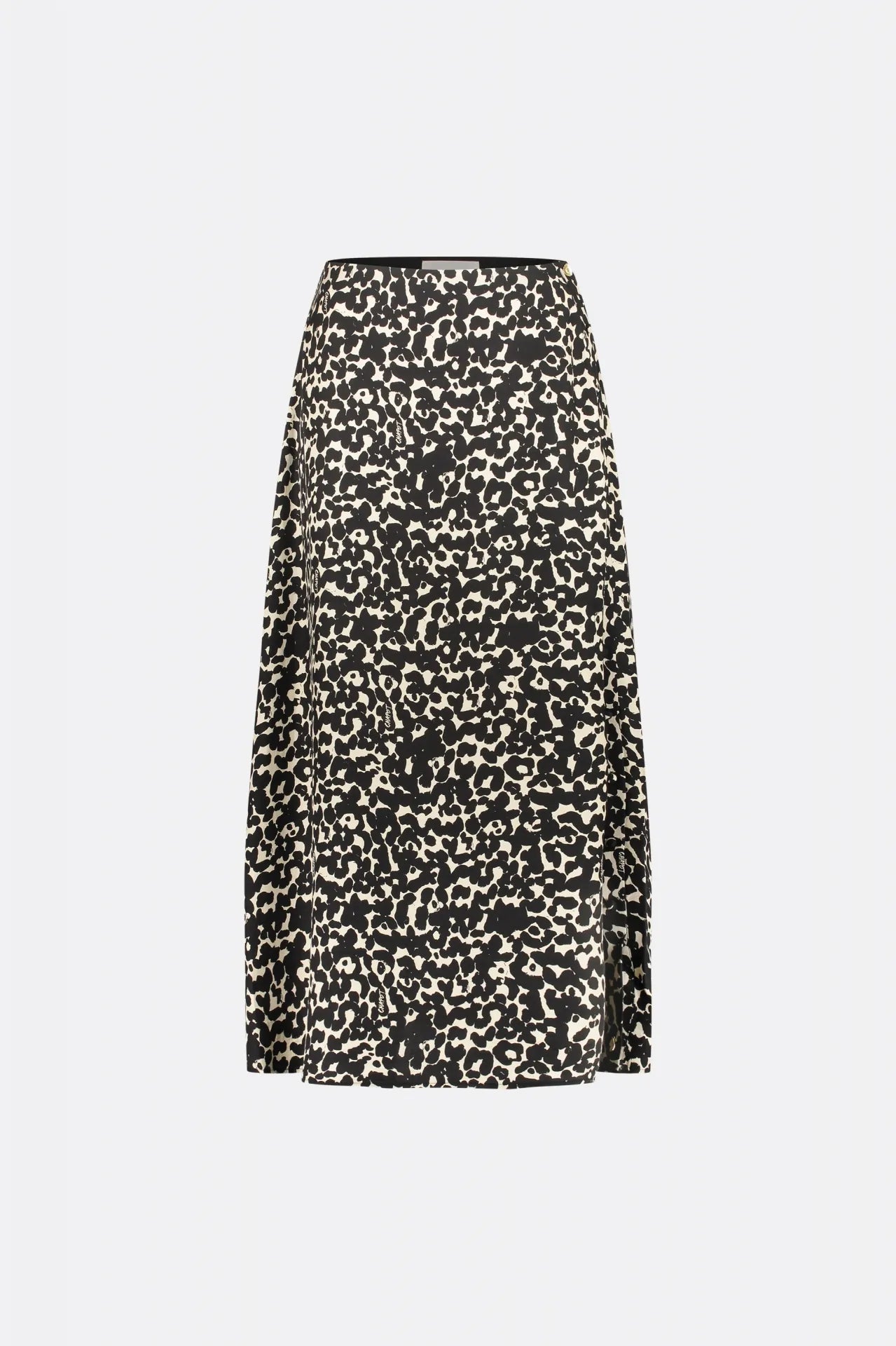 Black and ecru cat print A line maxi skirt with side full length button fastening