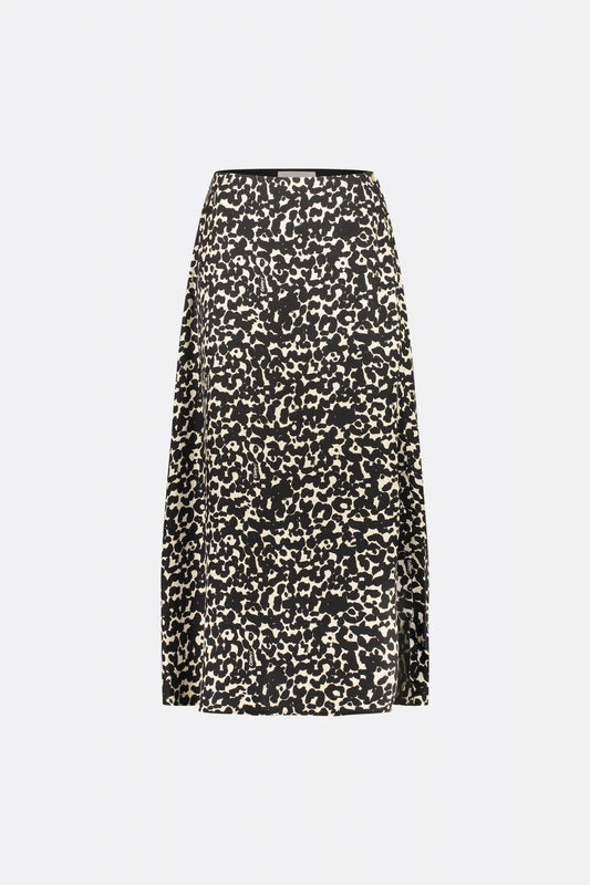 Black and ecru cat print A line maxi skirt with side full length button fastening