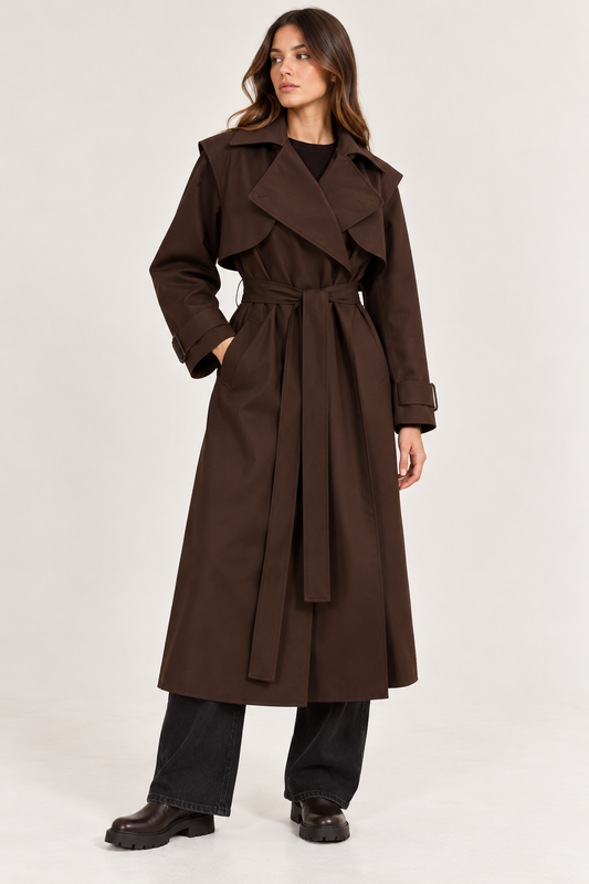 model wearing a brown long trench coat