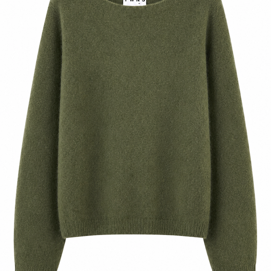 An olive green knit sweater with a wide boat neckline, long sleeves, and ribbed cuffs and hem, shown against a plain white background. The brand label inside the collar reads 'TWS'.