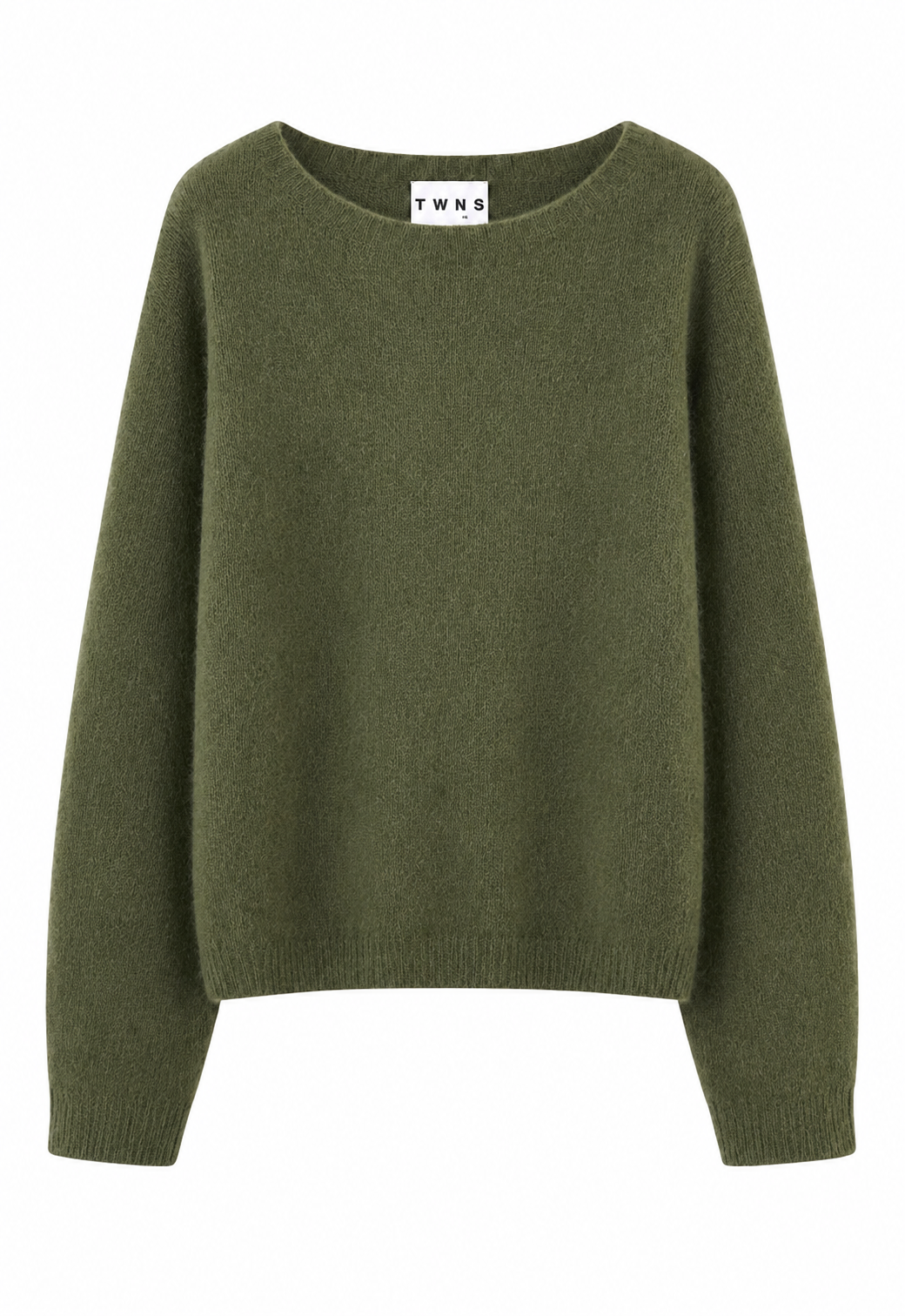 An olive green knit sweater with a wide boat neckline, long sleeves, and ribbed cuffs and hem, shown against a plain white background. The brand label inside the collar reads 'TWS'.