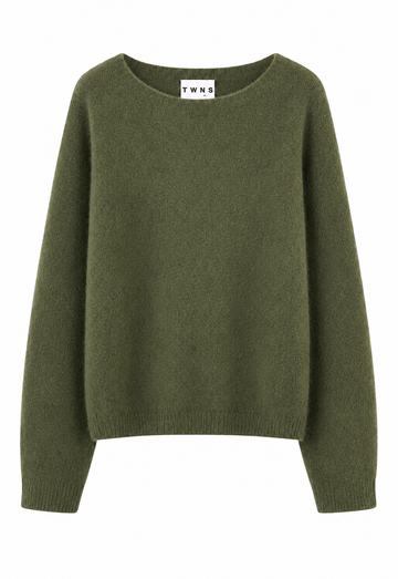An olive green knit sweater with a wide boat neckline, long sleeves, and ribbed cuffs and hem, shown against a plain white background. The brand label inside the collar reads 'TWS'.