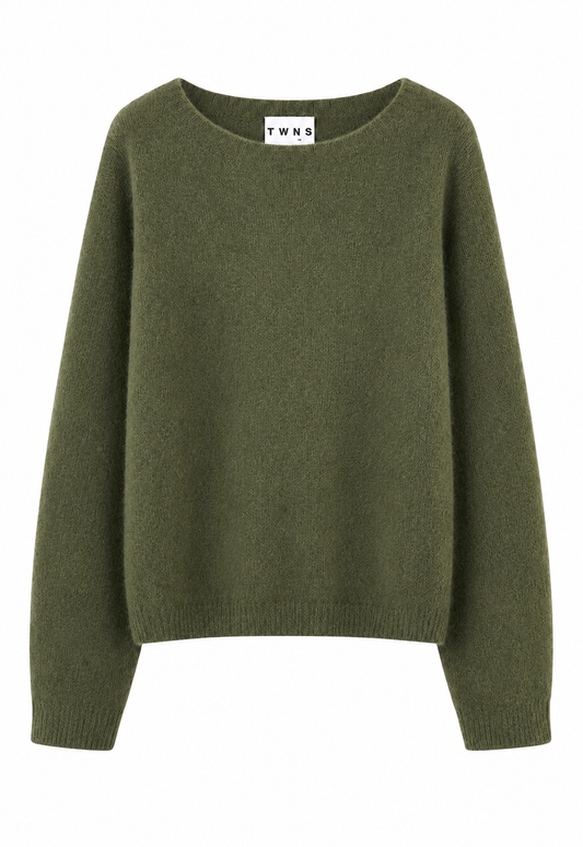An olive green knit sweater with a wide boat neckline, long sleeves, and ribbed cuffs and hem, shown against a plain white background. The brand label inside the collar reads 'TWS'.