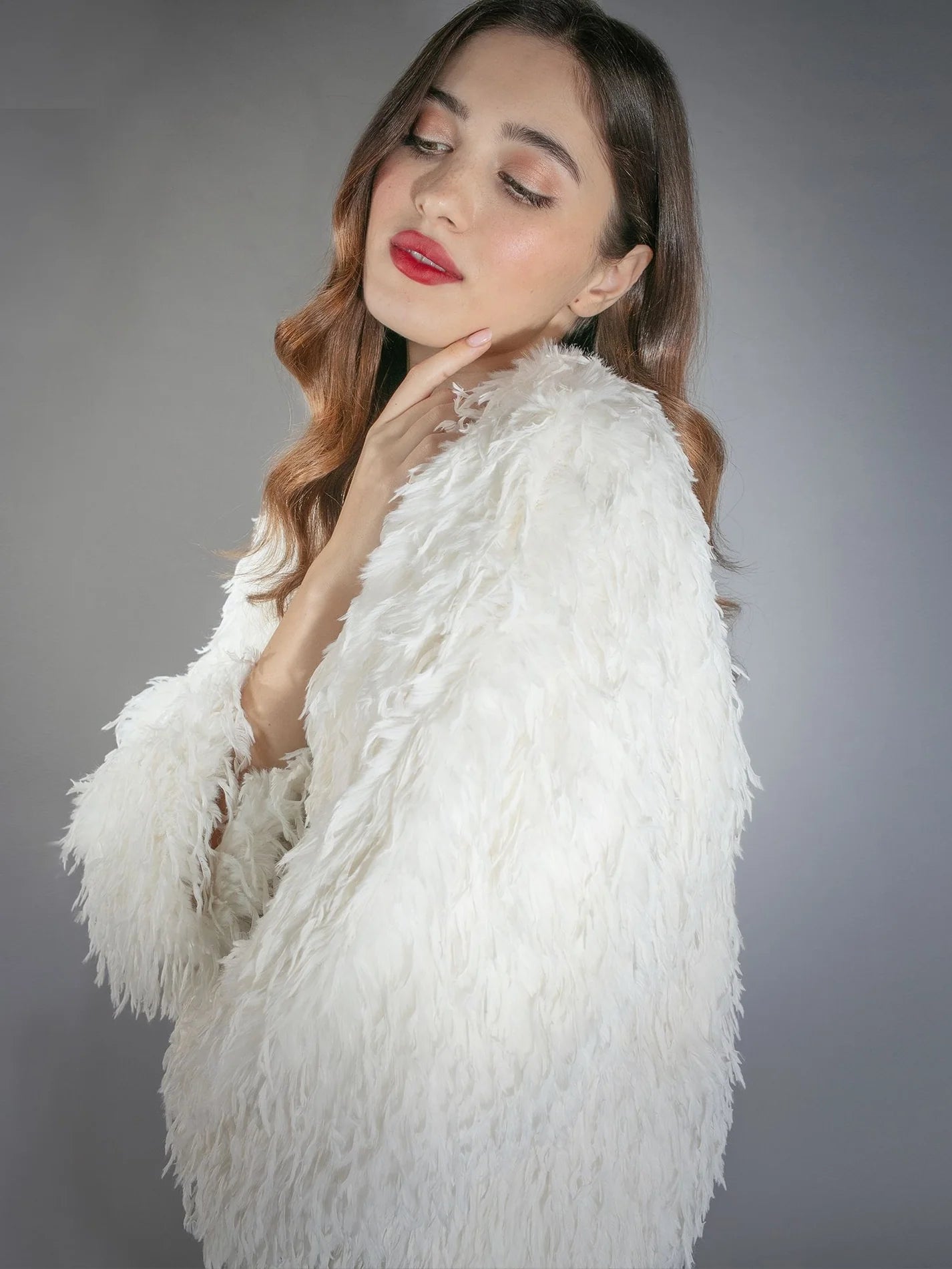 white faux fur feather effect short jacket side view 