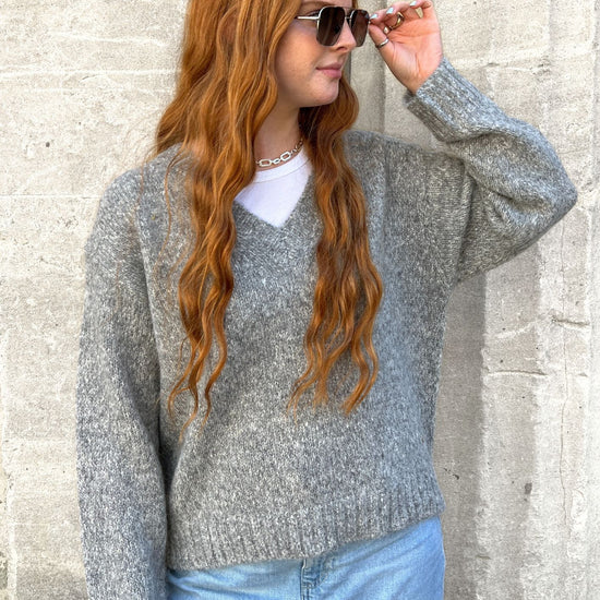 grey loose V neck knit jumper 