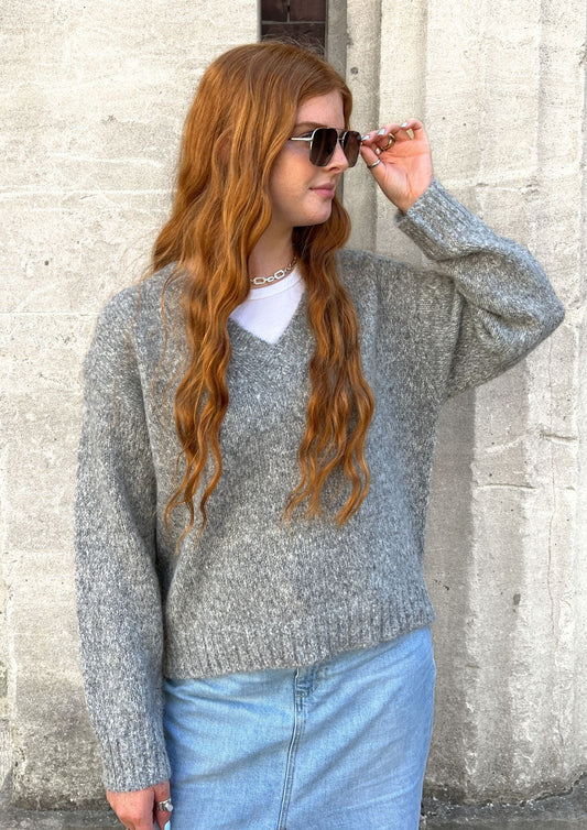 grey loose V neck knit jumper 