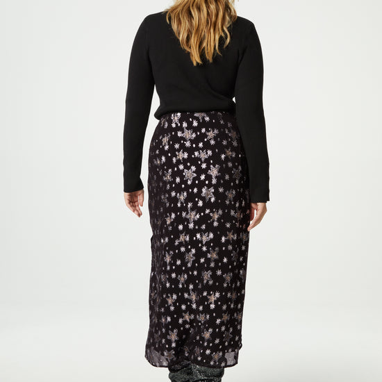 Midi A line black skirt with silver stars