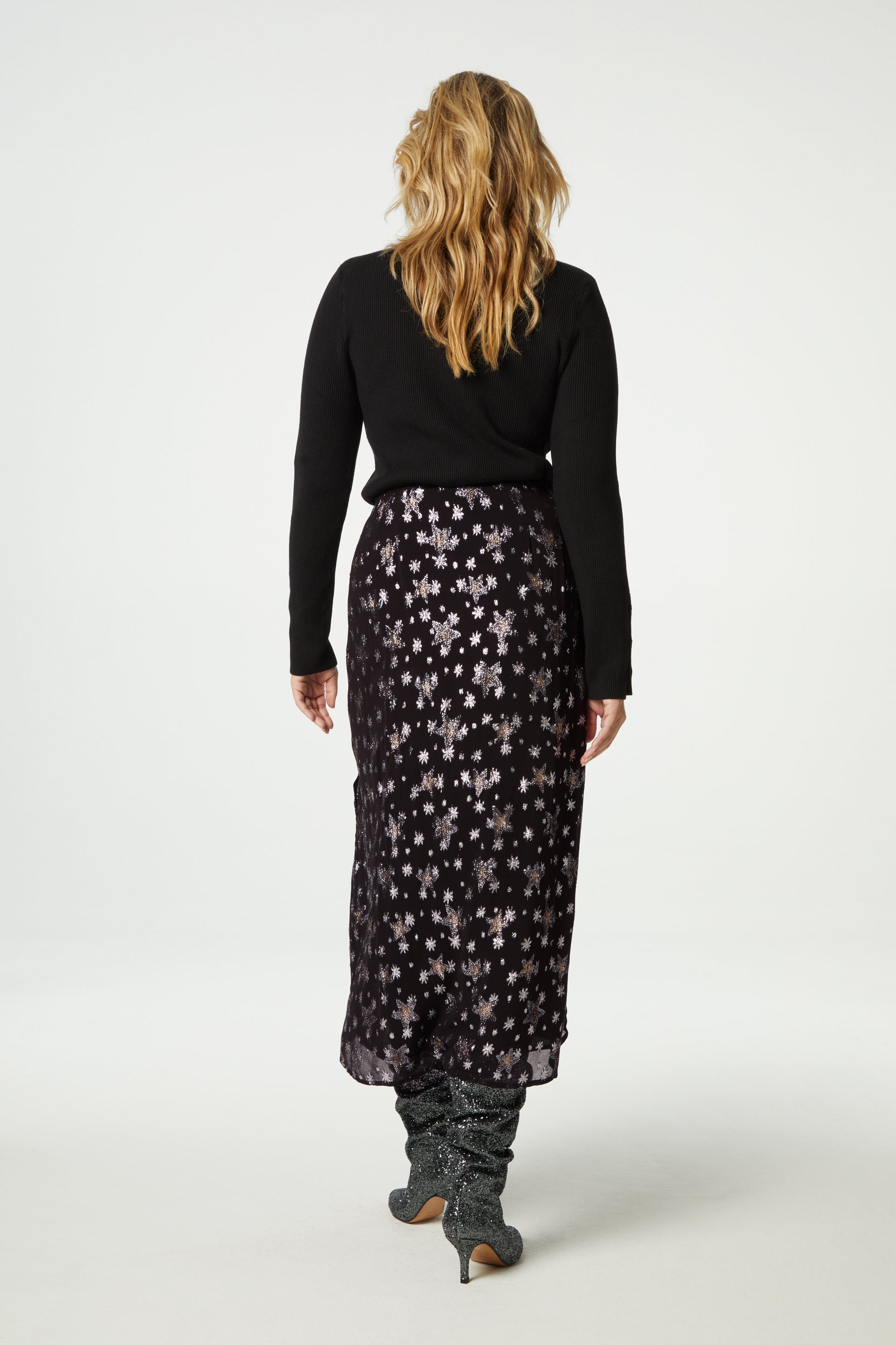 Midi A line black skirt with silver stars